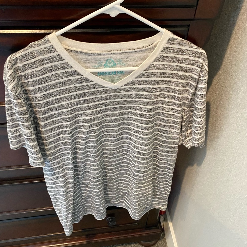 Mens Grey and White Striped Tee- American Rag XL